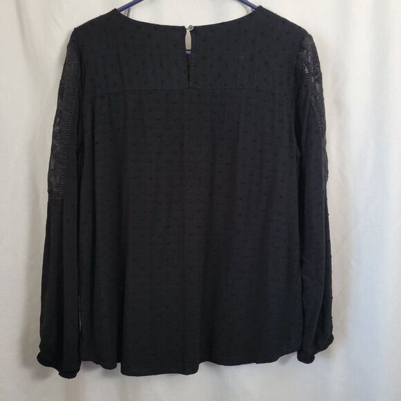Loft Black Blouse Lace Yoke long sleeves Large Rayon Polyester keyhole EUC - Picture 2 of 12